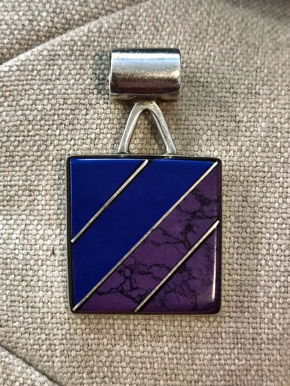 Vintage Mexican 925 Sterling Silver Blue & Purple Geometric Inlay Pendant